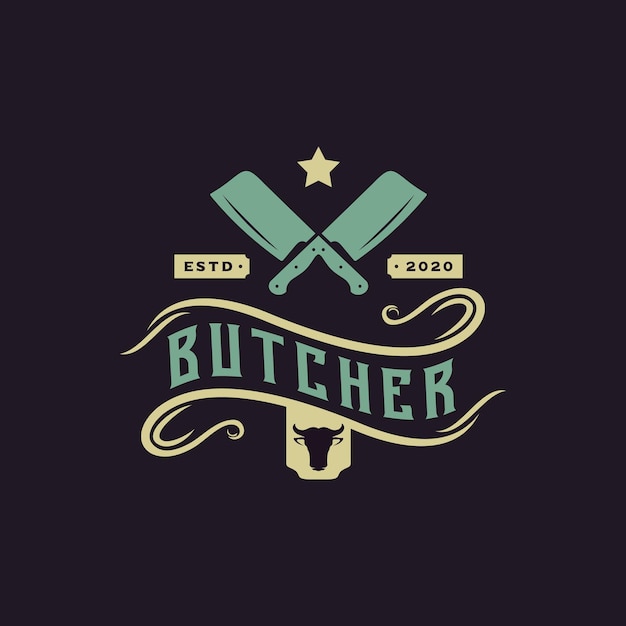 Vintage Retro Butcher shop label logo design with crossed cleavers