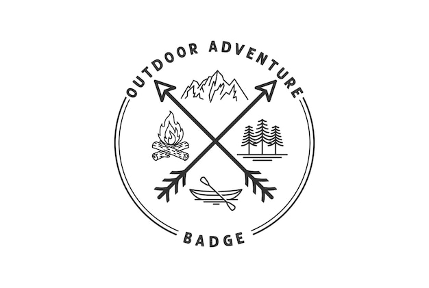 Vettore vintage retro crossed arrowhead con mountain bonfire boat e forest per la caccia outdoor adventure badge emblem