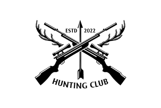 Vintage Retro Deer Buck Stag Antler Guns Arrowhead for Wildlife Hunting Club Logo Design