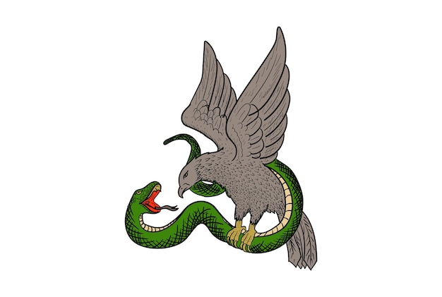 Vintage Retro Eagle Falcon Hawk fight with the Serpent Snake Illustration