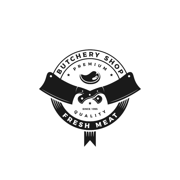 ヴィンテージのレトロなエンブレム、バッジ、ラベル、ナイフと肉のアイコンが付いたステッカー肉屋のロゴ