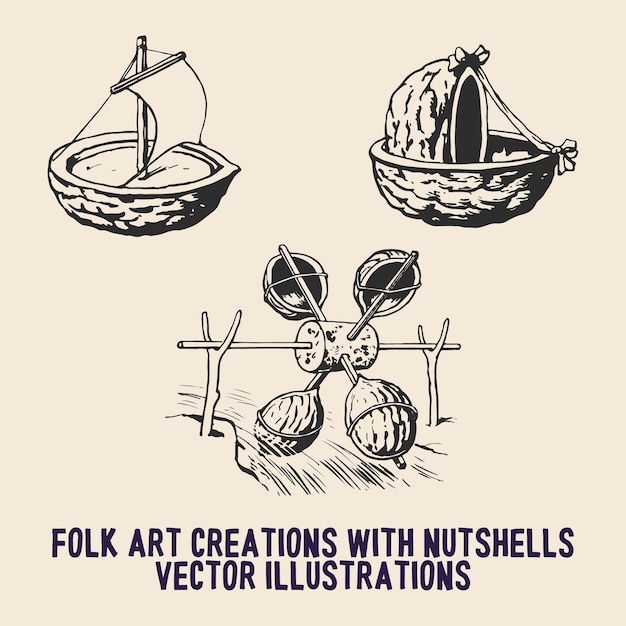 Vintage retro folk art toys cradle and boats creations with nuts and nutshells vector icons illustra