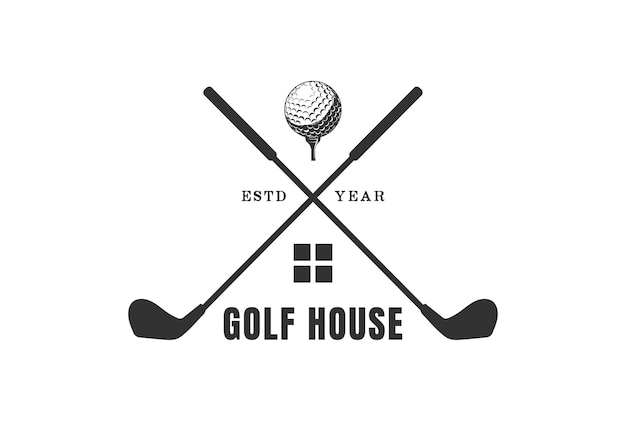 Vintage retro gekruiste stok golfbal tee met huis voor training cursus sport club logo ontwerp