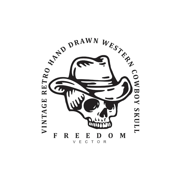Vector vintage retro hand getekende cowboy schedel met cowboyhoed logo ontwerp badge