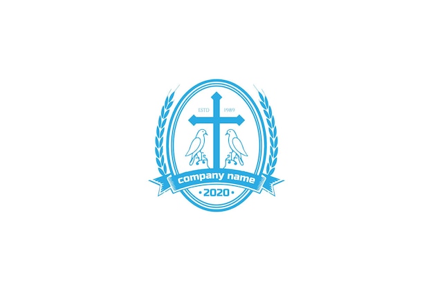 教会のチャペルのロゴデザインベクトルの鳩鳩鳥バッジエンブレムとヴィンテージレトロイエスキリスト教の十字架