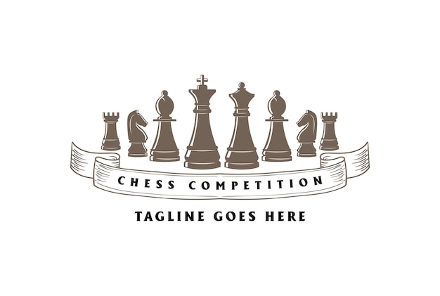 빈티지 레트로 킹 퀸 비숍 루크 나이트 체스 로고 디자인