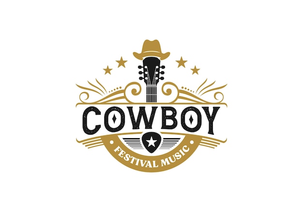 Vector vintage retro klassieke gitaar met cowboyhoed. westerse country muziek embleem logo ontwerpsjabloon