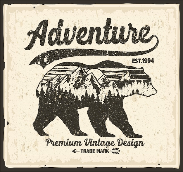 Vector vintage retro logo silhouette animals background poster card outdoor adventure mountain forest