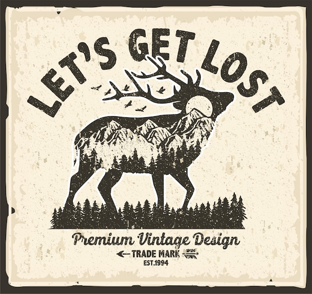 Vector vintage retro logo silhouette animals background poster card outdoor adventure mountain forest