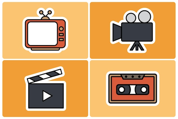 Vintage Retro Media amp Entertainment Doodle Icon Sticker Set TV Camera Clapperboard and Cassette