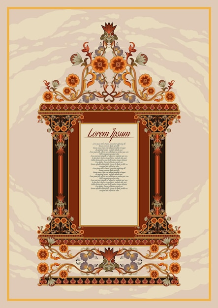 Vintage or retro medieval book border frame and label with red and yellow floral pattern