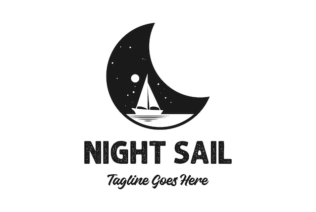 Vintage retro night crescent moon ocean nautical sail boat ship logo design