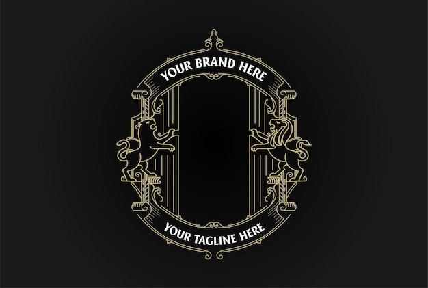 Винтажный ретро-орнамент пустая пограничная рамка royal со значком льва и тигра эмблема печать этикетка дизайн логотипа вектор