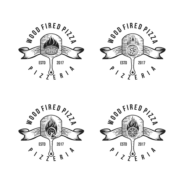 Distintivo per pizza retrò vintage illustrazione vettoriale del logo della pizza calda