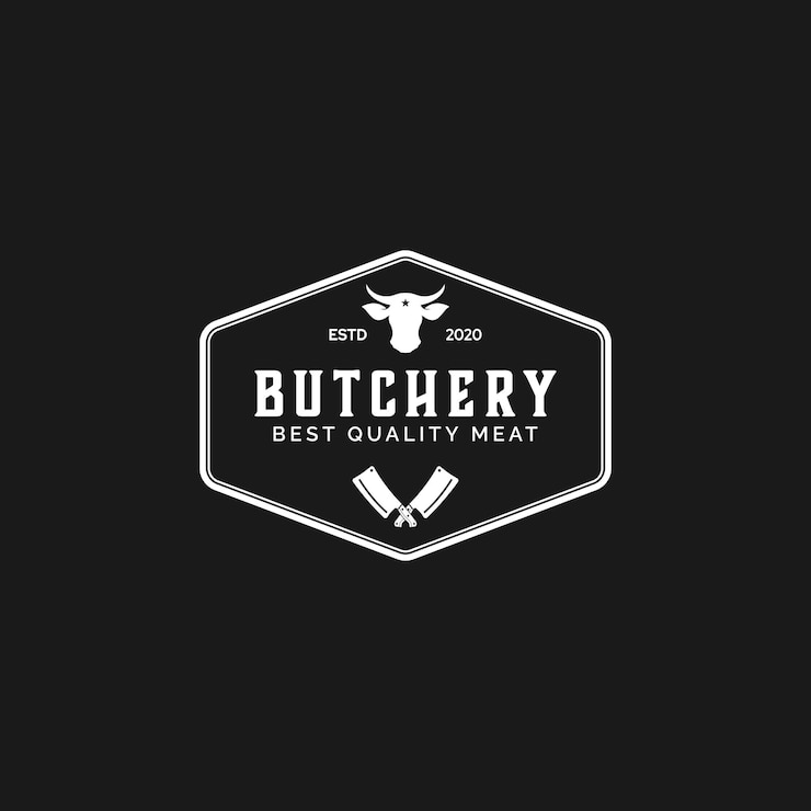 Vector vintage retro premium vlees slagerij logo met slagerij gekruist mes en hoofd koe stier