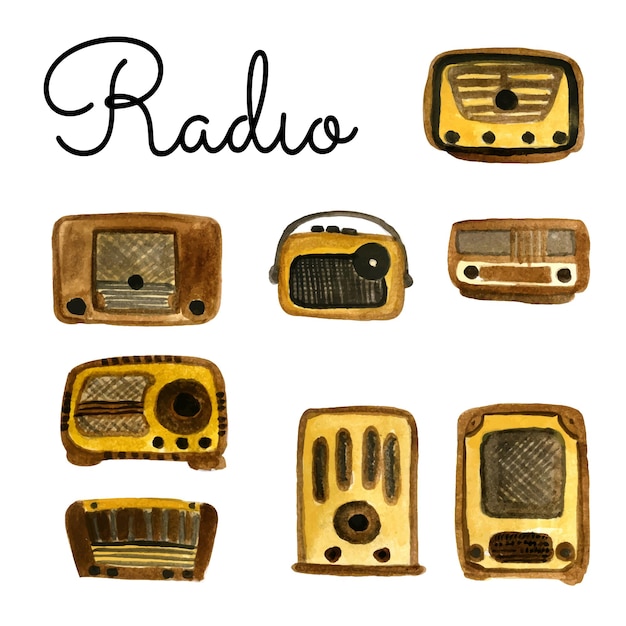 Vintage retro radio for broadcasting watercolor illustration