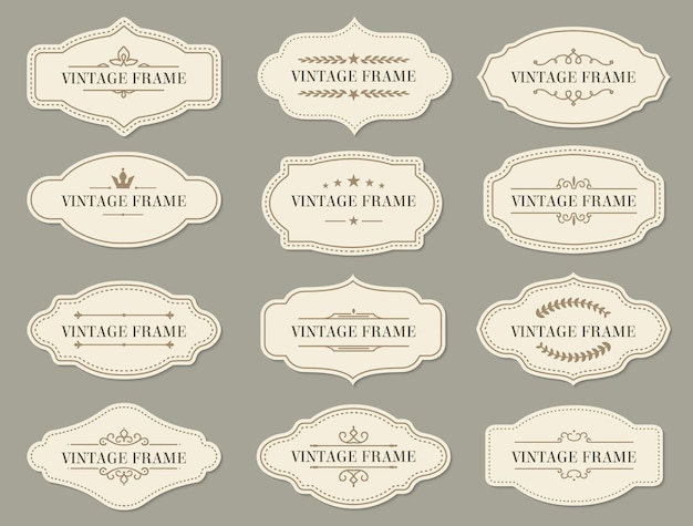 Vector vintage retro randen en frames, vectorlabels en sierlijke banners. vintage frames en certificaat ornament met bloemen filigraan voor menu of bruiloft wenskaarten met koninklijke kroon en sterren