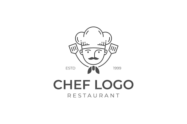 Vintage retro restaurant en professionele chef-kok lijn logo-ontwerp met een pet of koksmuts en badge conceptontwerp