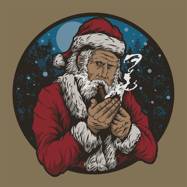 Vintage Retro Santa Claus Roken Chigarette Cannabis in Nacht Bos Sneeuw Vallen Vrolijk Kerstfeest Vector Mascotte Illustratie