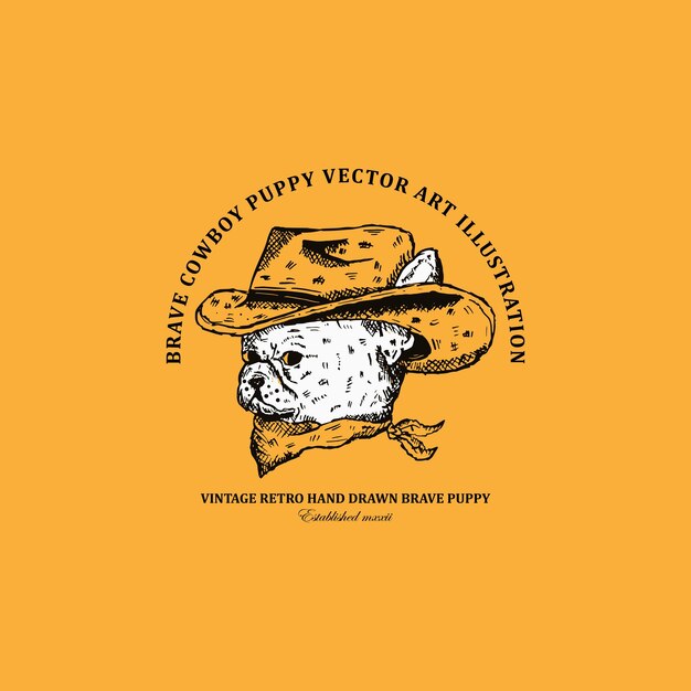 vintage retro sketch art cute cowboy dog with cowboy hat and mask vector illustration isolated on ye