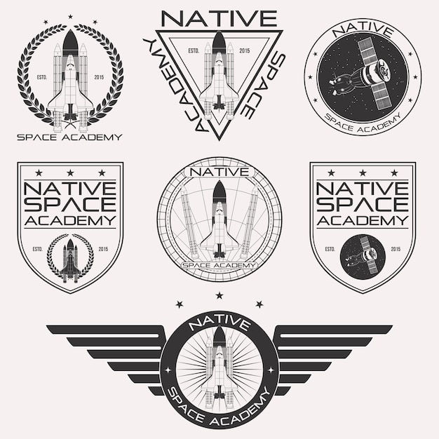 Vettore logo retro dell'accademia spaziale monocromatico isolato su sfondo bianco