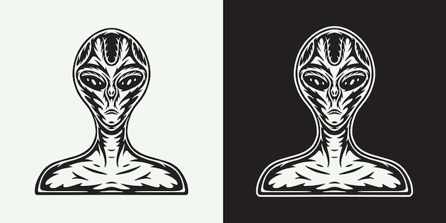 Винтажный ретро-космический инопланетянин НЛО Может быть использован для логотипа, значка, этикетки, плаката или печати. Монохромная графика. Векторная иллюстрация.