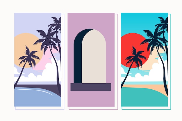Vintage retro style graphics Beach at sunset for social media wallpapers paintings posters