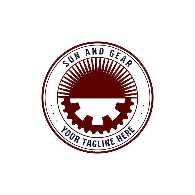 Vector vintage retro sun sunrise with machine engine gear cog badge emblem label stamp logo design