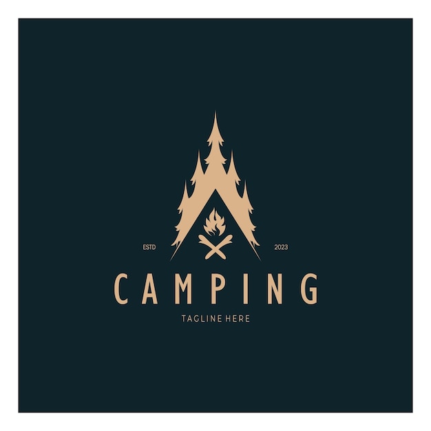Vintage and retro tent logo camping With tent tree and bonfire sign adventurers scouts climbers