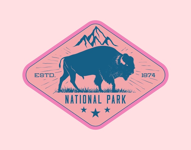 Vintage retro wildlife badge or label design template with bison or buffalo bull and mountain peak