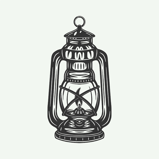 Vector vintage retro woodcut camping outdoor lamp fire