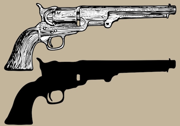 Vintage revolvers made in toon style and antique engraving