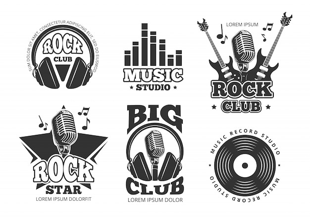 Vector vintage rock and roll music vector labels, emblems, badges, sticker with guitar and speaker silhouettes. rock music emblem, retro vintage rock and roll label illustration