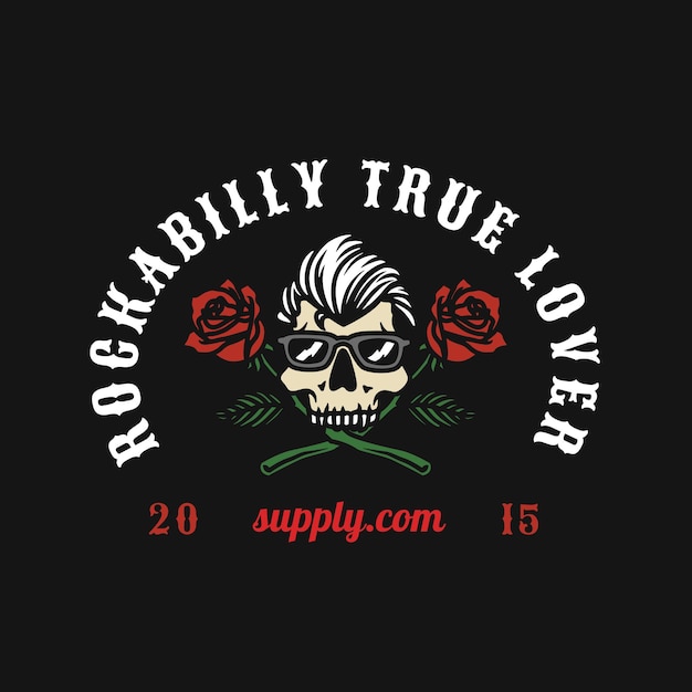 Vector vintage rockabilly rose skull logo hand made vector illustration