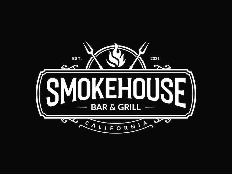 Vintage rokerij bbq barbecue barbecue bar en grill logo ontwerp met vork en vuur
