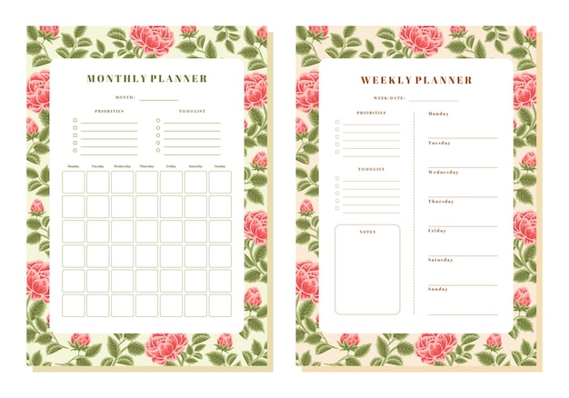 Vettore modello di planner mensile e settimanale floreale vintage rosa