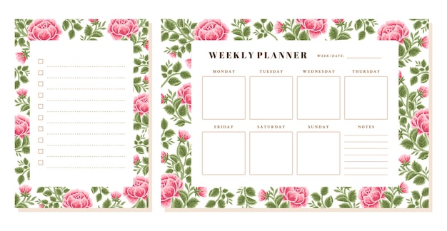 Agenda settimanale di fiori di rosa vintage e set di modelli di promemoria