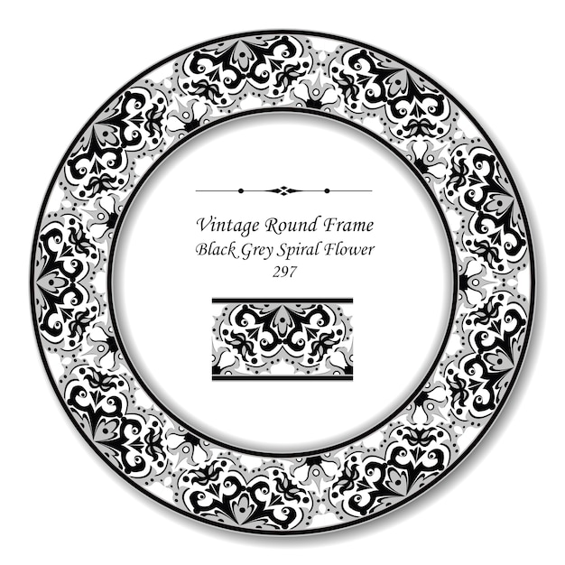 Vintage Round Retro Frame of Black Grey Spiral Flower