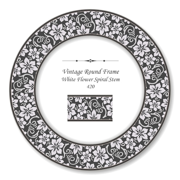 Vintage Round Retro Frame of Botanic White Flower Spiral Stem