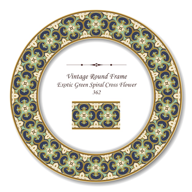 Vintage round retro frame of exotic green spiral cross flower