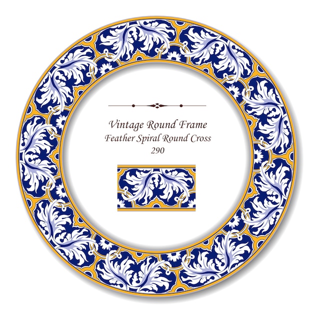 Vector vintage round retro frame of feather spiral round cross