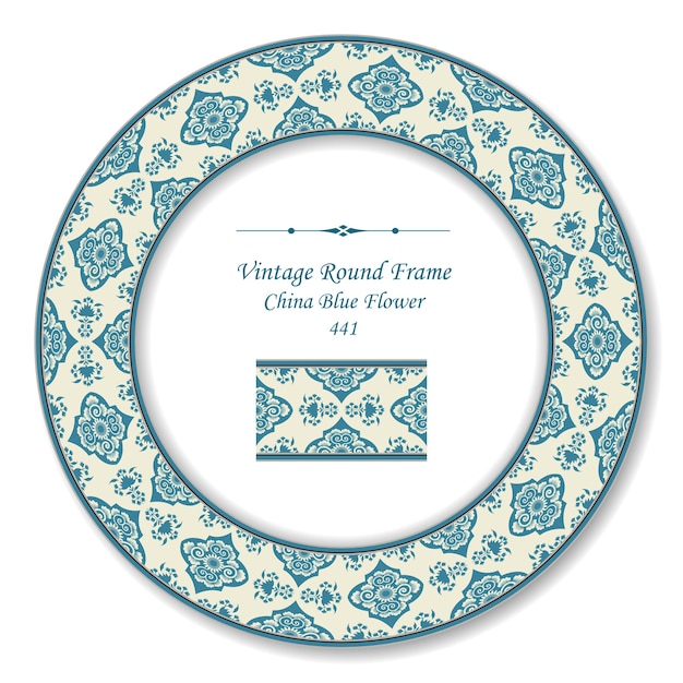 Vettore vintage round retro frame of oriental china blue flower