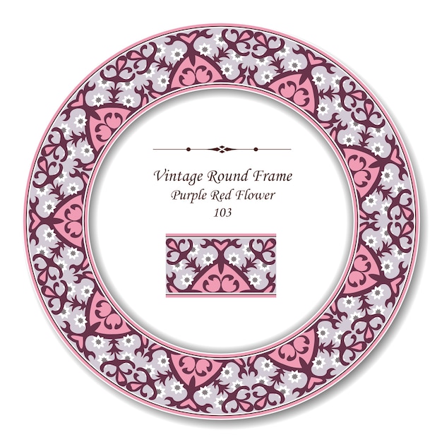 Vintage Round Retro Frame of Purple Red Flowerr