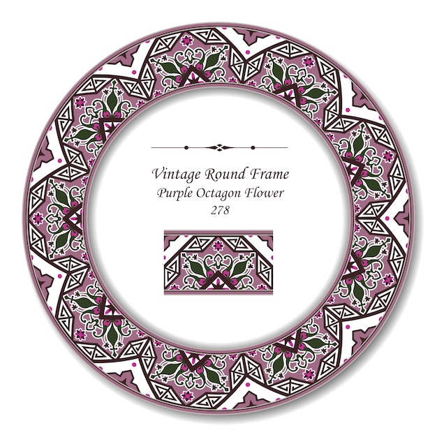 Vintage round retro frame of retro botanic garden purple octagon flower