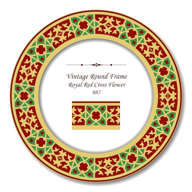 Vintage Round Retro Frame of Royal Red Cross Flower