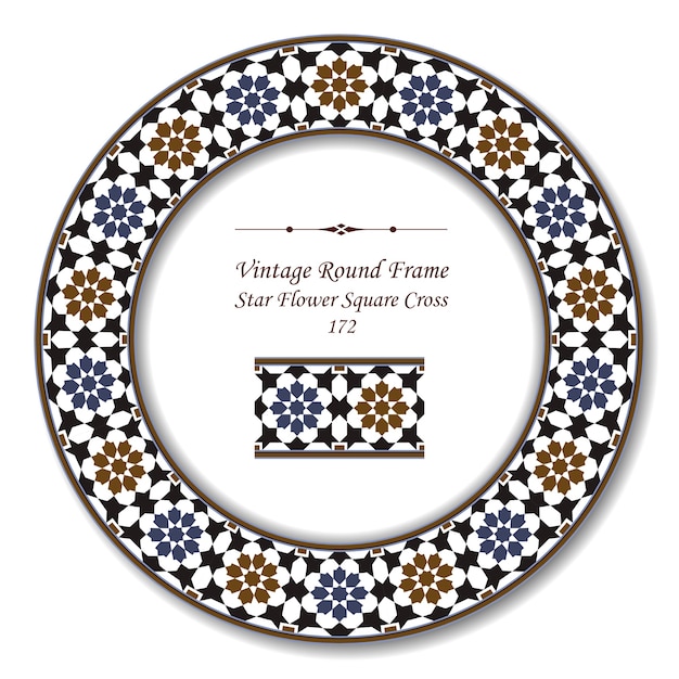 Vintage round retro frame of star flower square cross