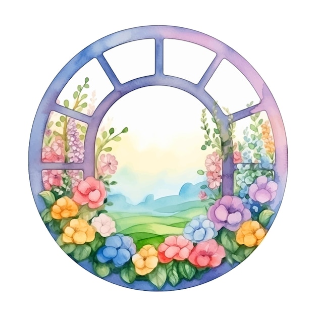 Vintage round window with many flowers watercolor paint