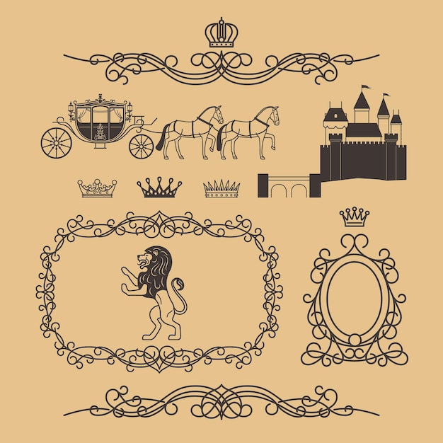ラインスタイルのヴィンテージロイヤル要素とプリンセス装飾要素。王冠、王女の城、ロイヤルライオンとヴィンテージの王族のフレーム。ベクトルイラスト