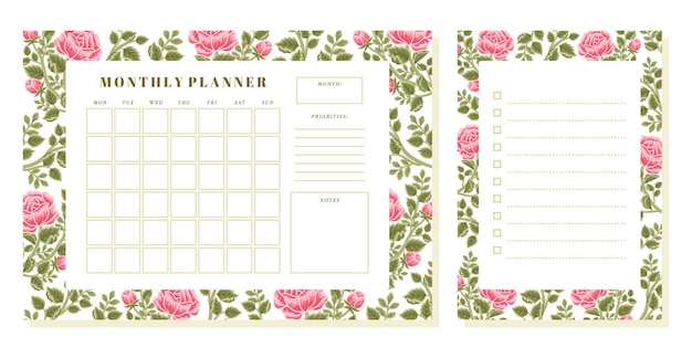 Vector vintage roze bloem maandelijkse planner en memo sjabloon set