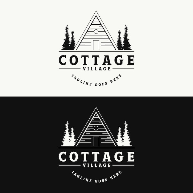 Vector vintage rustic cabin or cottage logo design with forest and mountain views